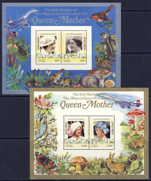 Nukufetau 1986 85th Birthday of Queen Elizabeth the Queen Mother SPECIMEN Overprinted Restricted Printing Souvenir Sheets