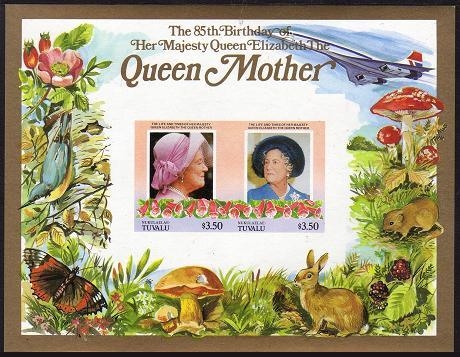 Nukulaelae 1986 85th Birthday of Queen Elizabeth the Queen Mother Imperforate $3.50 Restricted Printing Souvenir Sheet