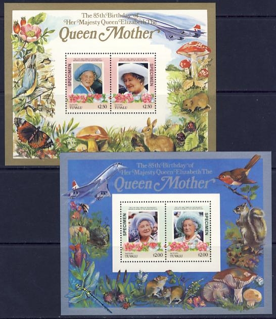 Vaitupu 1986 85th Birthday of Queen Elizabeth the Queen Mother SPECIMEN Overprinted Restricted Printing Souvenir Sheets