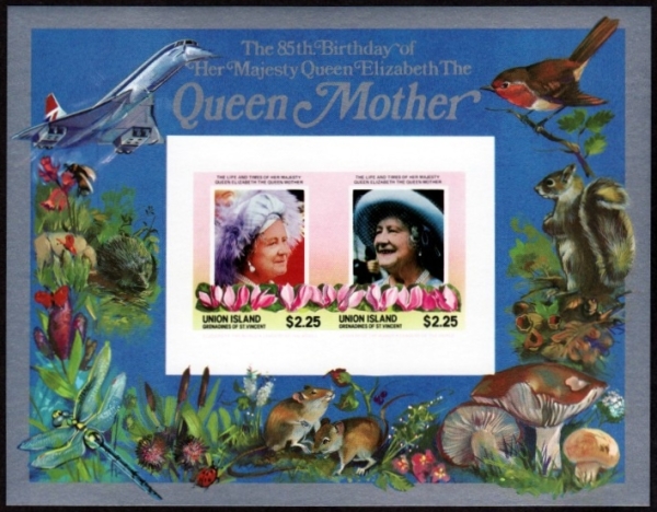 Saint Vincent Union Island 1985 85th Birthday of Queen Elizabeth the Queen Mother Imperforate $2.25 Restricted Printing Souvenir Sheet