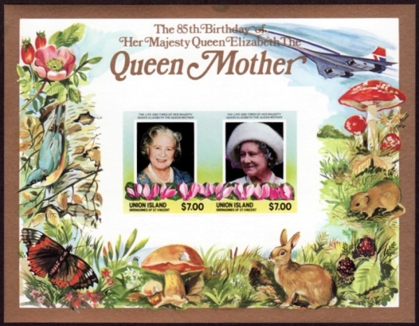 Saint Vincent Union Island 1985 85th Birthday of Queen Elizabeth the Queen Mother Imperforate $7.00 Restricted Printing Souvenir Sheet