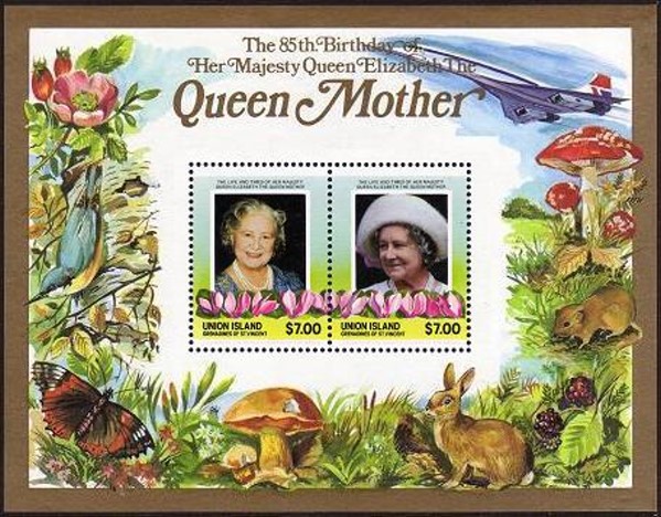 Saint Vincent Union Island 1985 85th Birthday of Queen Elizabeth the Queen Mother $7.00 Restricted Printing Souvenir Sheet