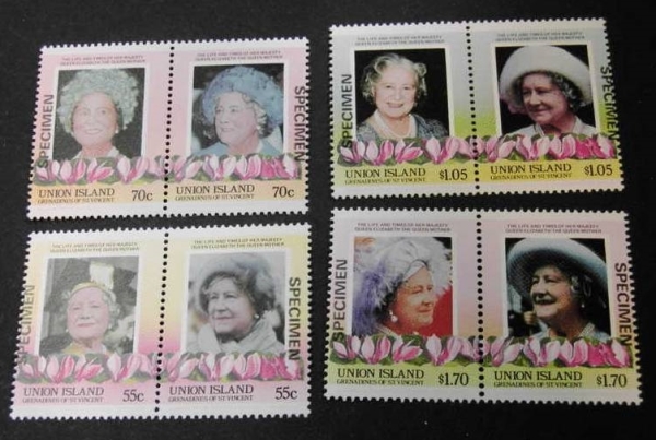 Saint Vincent Union Island 1985 85th Birthday of Queen Elizabeth the Queen Mother Omnibus Series SPECIMEN Overprinted Stamps