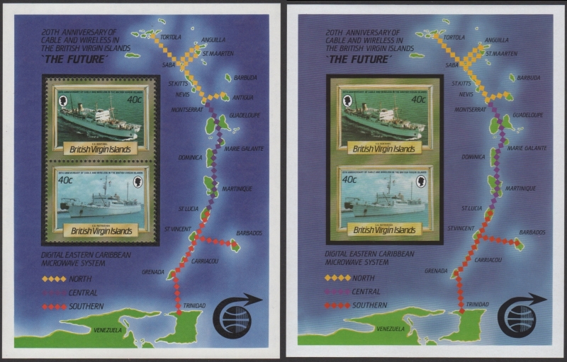 British Virgin Islands 1986 20th Anniversary of Cable and Wireless Ships 40c Fake with Original Souvenir Sheet Comparison