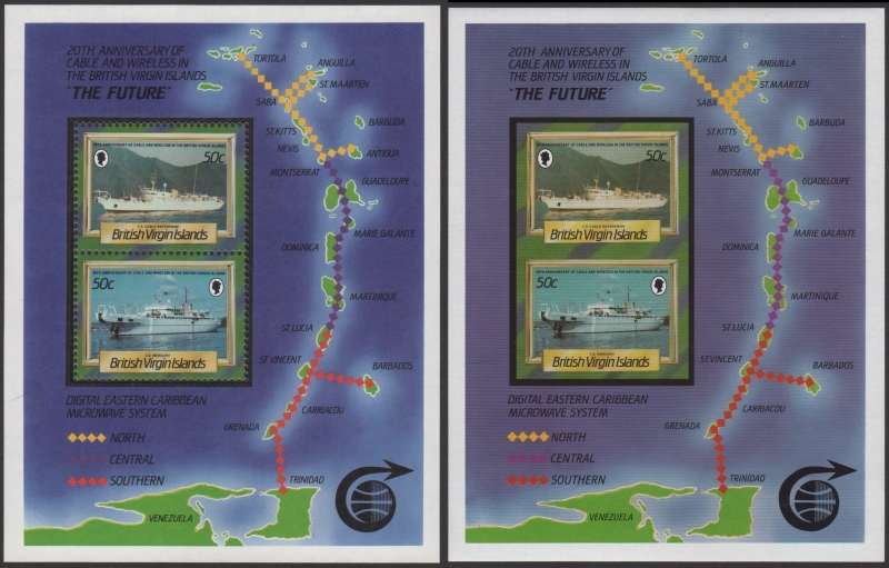 British Virgin Islands 1986 20th Anniversary of Cable and Wireless Ships 50c Fake with Original Souvenir Sheet Comparison