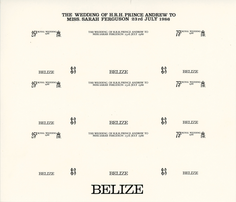 Belize 1986 Royal Wedding Imperforate Black Inscriptions Proof Sheetlet of 9