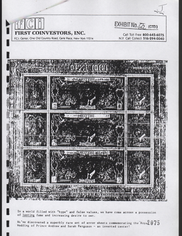 First Coinvestors Inc. Ad for Belize 1986 Royal Wedding Inverted Black Inscriptions Error Sheetlet page1