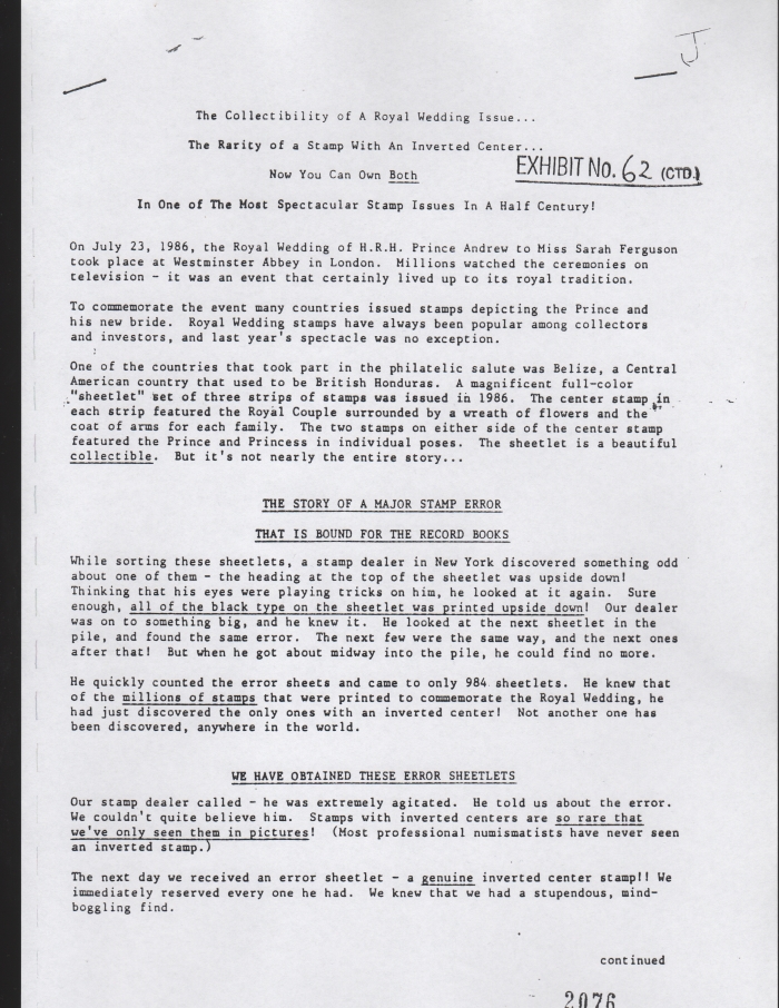 First Coinvestors Inc. Ad for Belize 1986 Royal Wedding Inverted Black Inscriptions Error Sheetlet page2