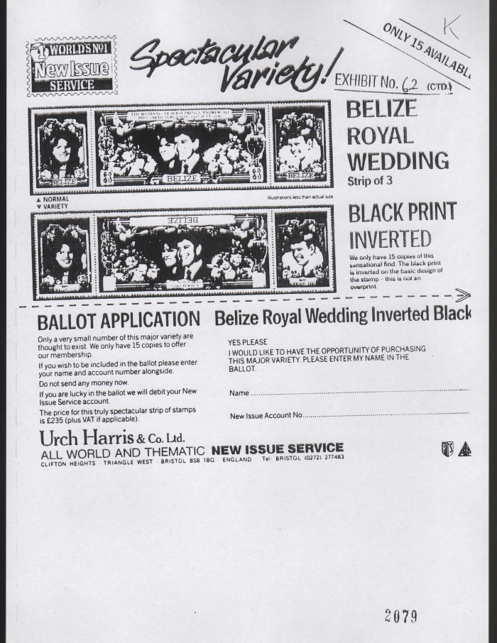Urch Harris Ad for Belize 1986 Royal Wedding Inverted Black Inscriptions Error Strips