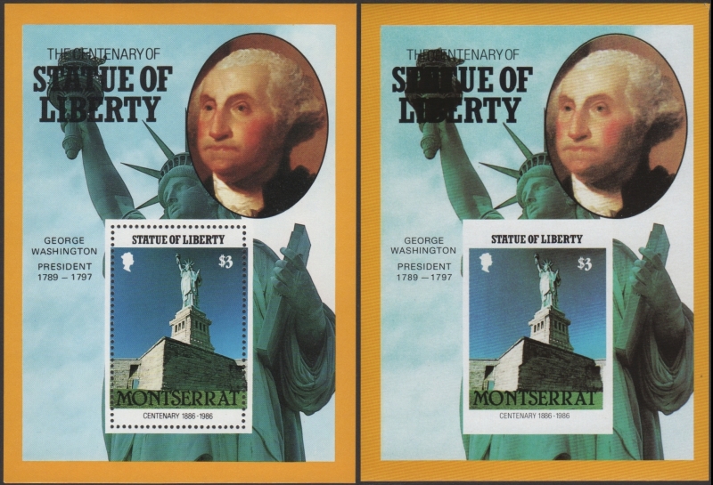 Montserrat 1986 Centenary of the Statue of Liberty Fake with Original $3 Souvenir Sheet Comparison
