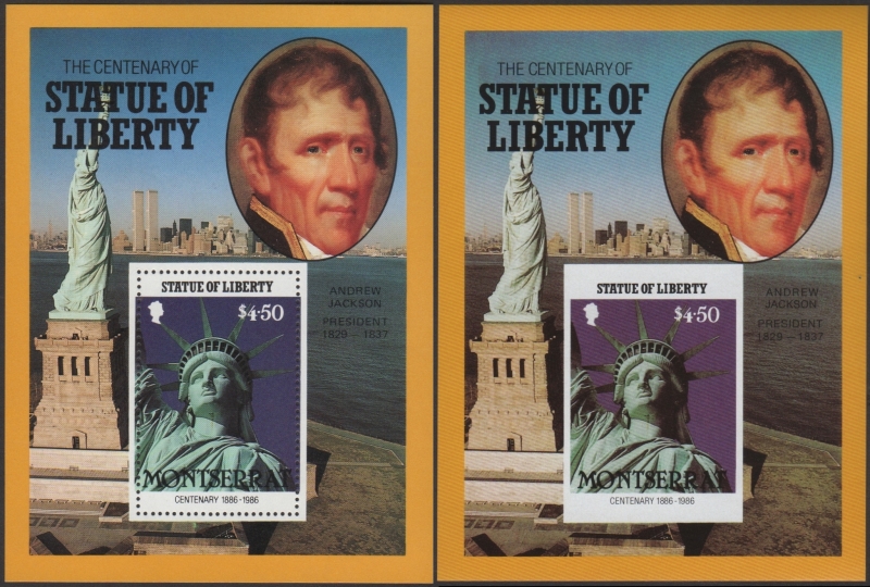 Montserrat 1986 Centenary of the Statue of Liberty Fake with Original $4.50 Souvenir Sheet Comparison