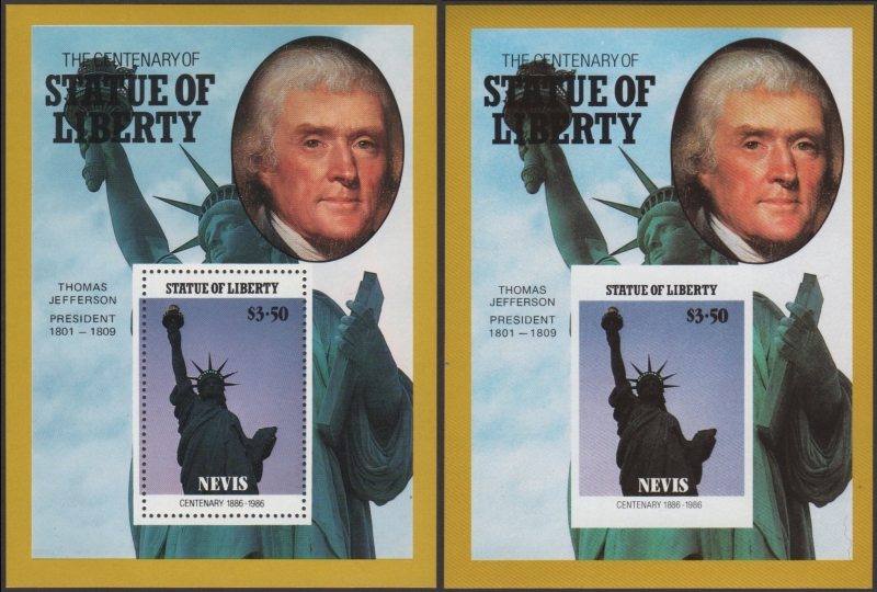 Nevis 1986 Centenary of the Statue of Liberty Fake with Original $3.50 Souvenir Sheet Comparison