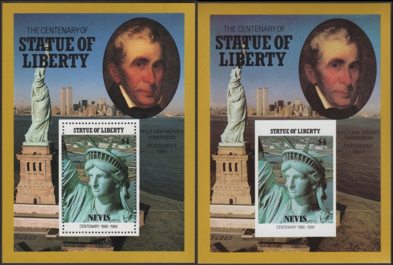 Nevis 1986 Centenary of the Statue of Liberty Fake with Original $4 Souvenir Sheet Comparison