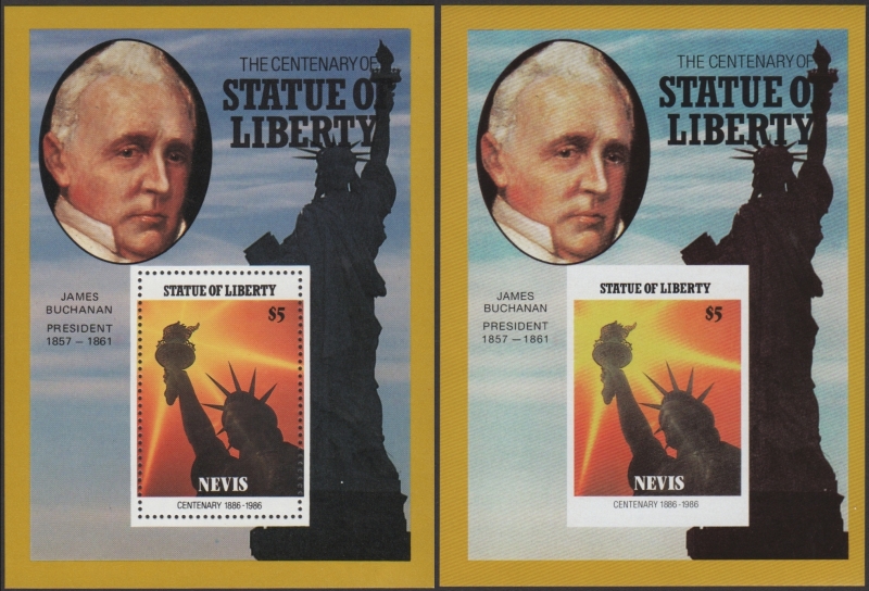 Nevis 1986 Centenary of the Statue of Liberty Fake with Original $5 Souvenir Sheet Comparison
