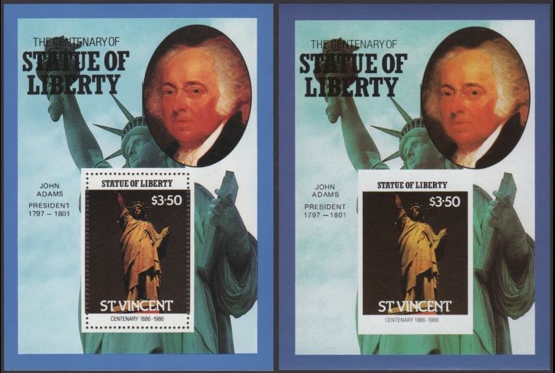 Saint Vincent 1986 Centenary of the Statue of Liberty Fake with Original $3.50 Souvenir Sheet Comparison