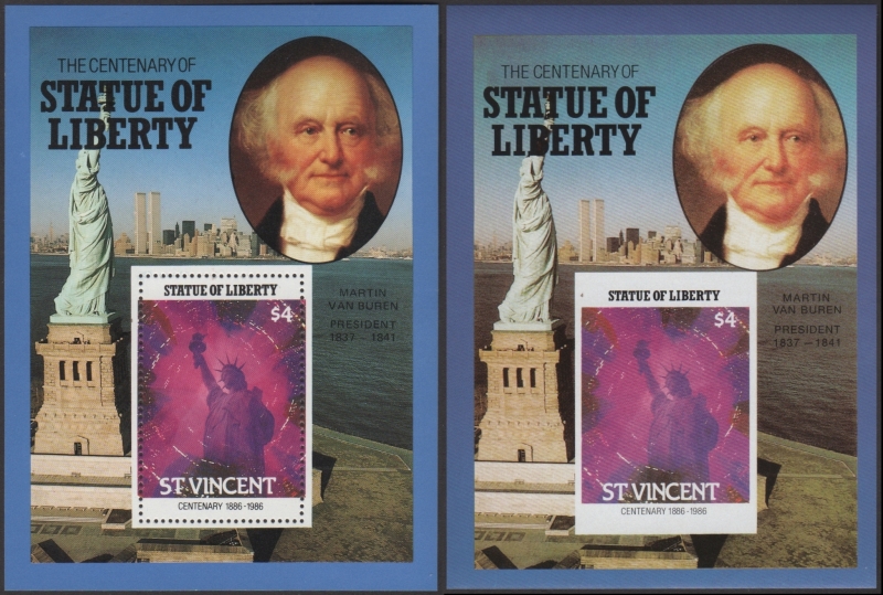 Saint Vincent 1986 Centenary of the Statue of Liberty Fake with Original $4 Souvenir Sheet Comparison