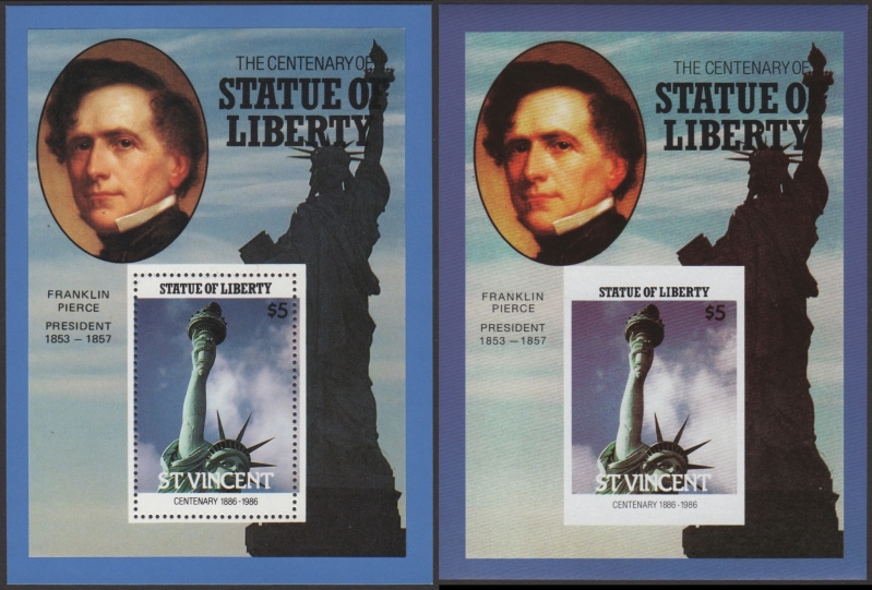 Saint Vincent 1986 Centenary of the Statue of Liberty Fake with Original $5 Souvenir Sheet Comparison