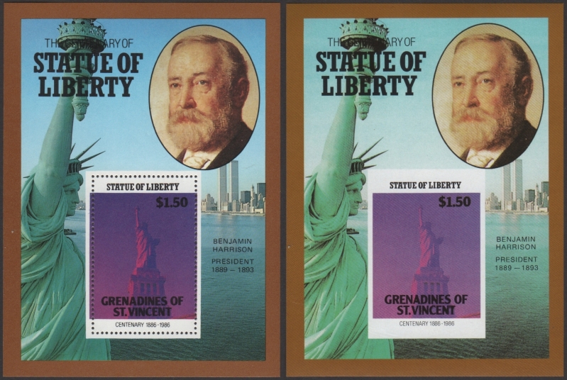 Saint Vincent Grenadines 1986 Centenary of the Statue of Liberty Fake with Original $1.50 Souvenir Sheet Comparison