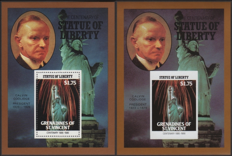 Saint Vincent Grenadines 1986 Centenary of the Statue of Liberty Fake with Original $1.75 Souvenir Sheet Comparison