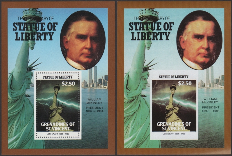 Saint Vincent Grenadines 1986 Centenary of the Statue of Liberty Fake with Original $2.50 Souvenir Sheet Comparison