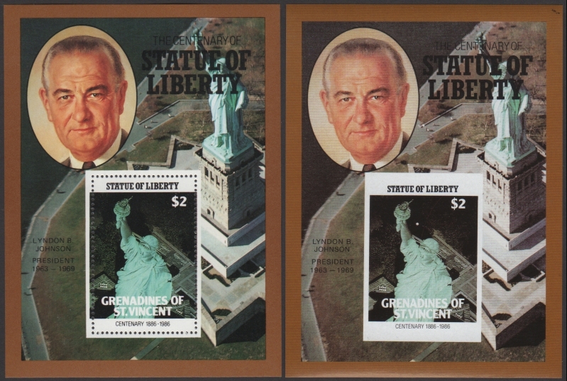 Saint Vincent Grenadines 1986 Centenary of the Statue of Liberty Fake with Original $2 Souvenir Sheet Comparison