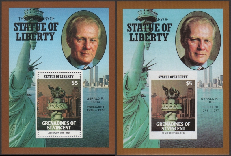 Saint Vincent Grenadines 1986 Centenary of the Statue of Liberty Fake with Original $5 Souvenir Sheet Comparison