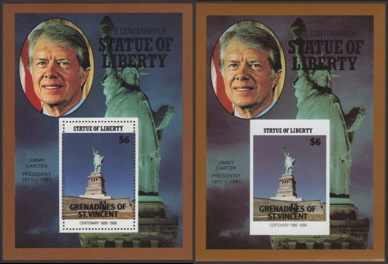Saint Vincent Grenadines 1986 Centenary of the Statue of Liberty Fake with Original $6 Souvenir Sheet Comparison