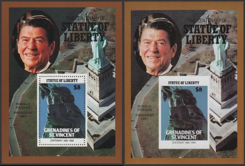 Saint Vincent Grenadines 1986 Centenary of the Statue of Liberty Fake with Original $8 Souvenir Sheet Comparison