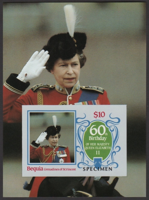 Saint Vincent Bequia 1986 60th Birthday of Queen Elizabeth II Omnibus Series Imperforate SPECIMEN Overprinted Souvenir Sheet