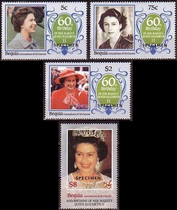 Saint Vincent Bequia 1986 60th Birthday of Queen Elizabeth II Omnibus Series SPECIMEN Stamps