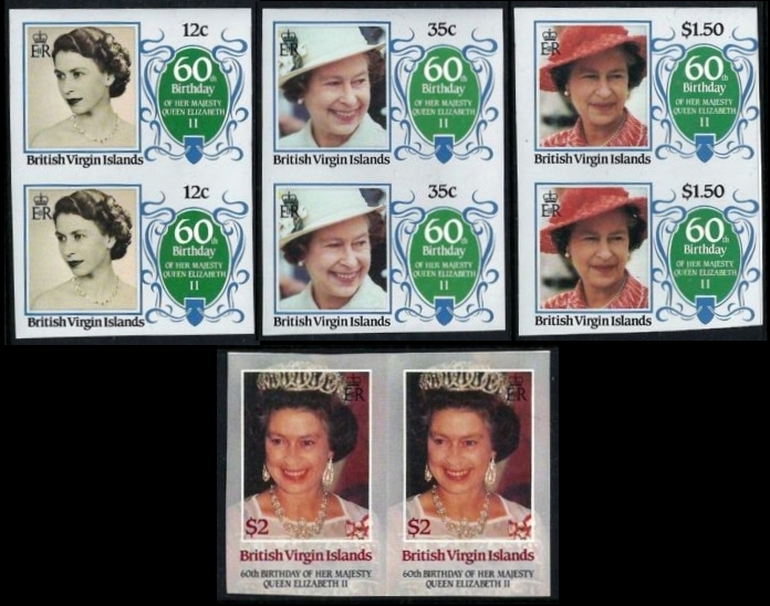 British Virgin Islands 1986 60th Birthday of Queen Elizabeth II Imperforate Stamp Varieties