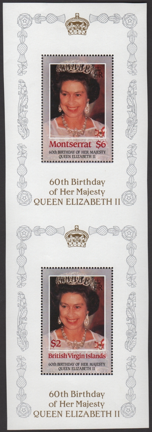 The $2 British Virgin Islands 60th Birthday paired with the $6 Montserrat 60th Birthday from Composite Press Sheet