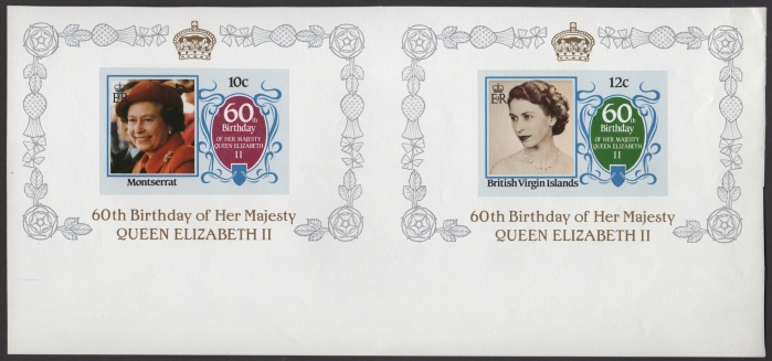 The IMPERFORATE 12c British Virgin Islands 60th Birthday paired with the IMPERFORATE 10c Montserrat 60th Birthday from Composite Press Sheet