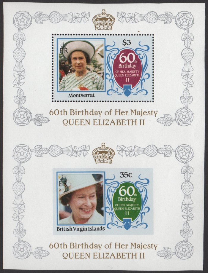 The IMPERFORATE 35c British Virgin Islands 60th Birthday paired with the $3 Montserrat 60th Birthday from Composite Press Sheet