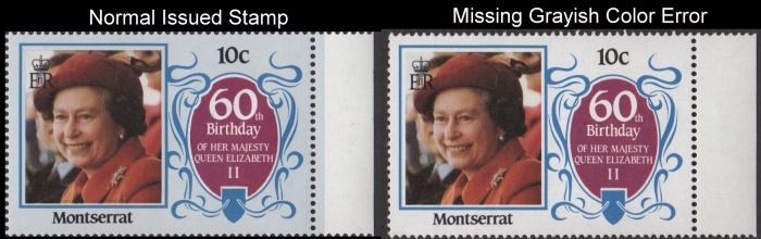 Montserrat 1986 60th Birthday of Queen Elizabeth II 10c Value Missing Color Error