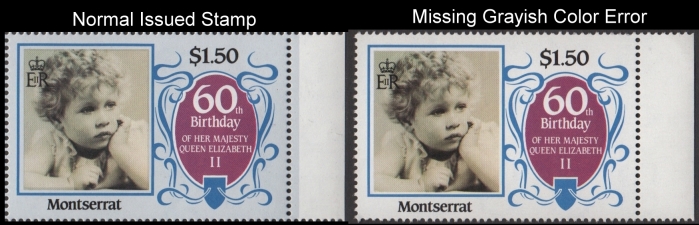 Montserrat 1986 60th Birthday of Queen Elizabeth II $1.50 Value Missing Color Error