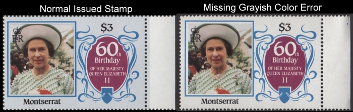 Montserrat 1986 60th Birthday of Queen Elizabeth II $3 Value Missing Color Error