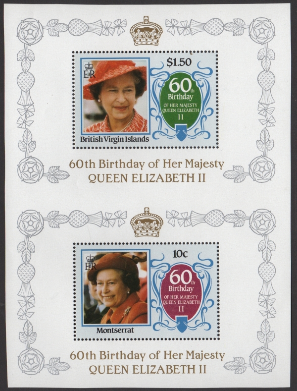 The 10c Montserrat 60th Birthday paired with the $1.50 British Virgin Islands 60th Birthday from Composite Press Sheet