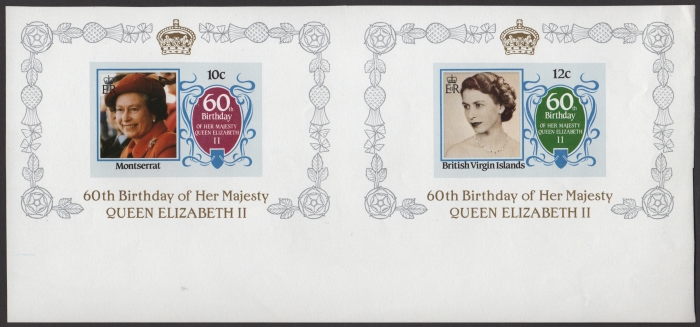 The Imperforate 10c Montserrat 60th Birthday paired with the Imperforate 12c British Virgin Islands 60th Birthday from Composite Press Sheet