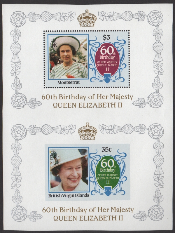The $3 Montserrat 60th Birthday paired with the Imperforate 35c British Virgin Islands 60th Birthday from Composite Press Sheet