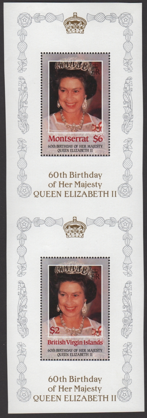 The $6 Montserrat 60th Birthday paired with the $2 British Virgin Islands 60th Birthday from Composite Press Sheet