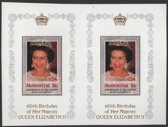 The $6 Montserrat 60th Birthday paired with another $6 Montserrat 60th Birthday from Composite Press Sheet