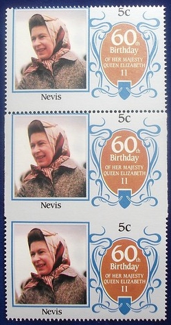 Nevis 1986 60th Birthday of Queen Elizabeth II 5c Imperforate on 3 Sides Stamp Variety