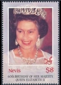 Nevis 1986 60th Birthday of Queen Elizabeth II $8 Watermarked Stamp