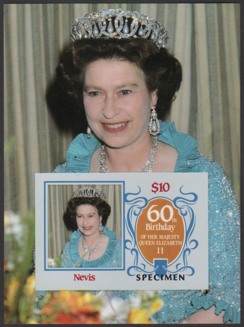 Nevis 1986 60th Birthday of Queen Elizabeth II Omnibus Series Imperforate SPECIMEN Overprinted Souvenir Sheet