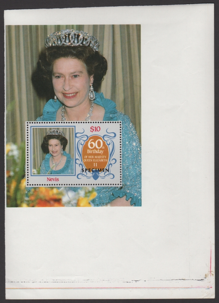Nevis 1986 60th Birthday of Queen Elizabeth II Omnibus Series Perforated SPECIMEN Overprinted Souvenir Sheet Found in the Archive