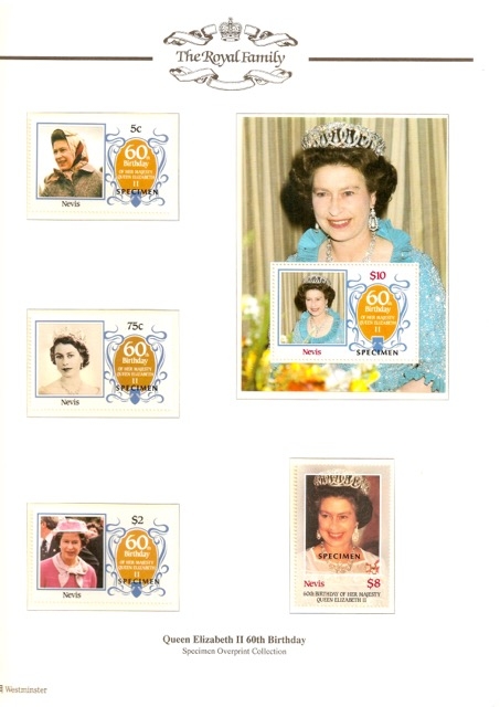 Nevis 1986 60th Birthday of Queen Elizabeth II Omnibus Series Perforated SPECIMEN Overprinted Souvenir Sheet in Wesminster Collection