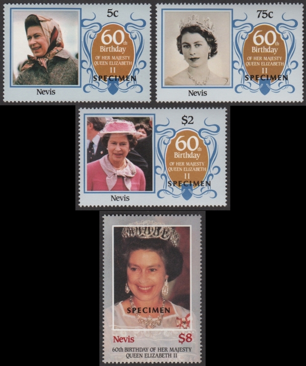 Nevis 1986 60th Birthday of Queen Elizabeth II Omnibus Series SPECIMEN Stamps