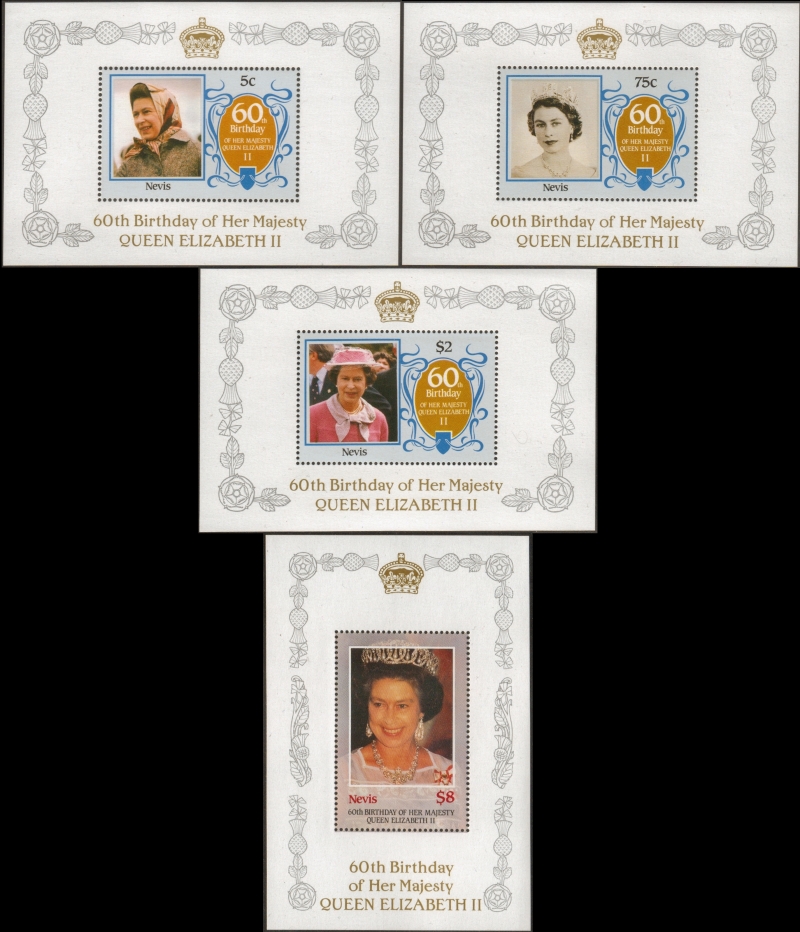 Nevis 1986 60th Birthday of Queen Elizabeth II Omnibus Series Unissued Souvenir Sheet Set