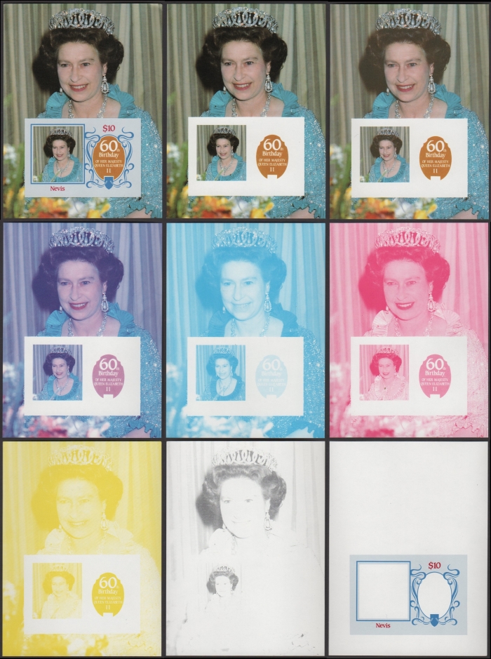 Nevis 1986 60th Birthday of Queen Elizabeth II Omnibus Series Progressive Color Proofs of the Souvenir Sheet